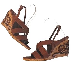 Bandolino Brown Leather Embroidered Wedge Slingback Shoes Sandals Size 7…